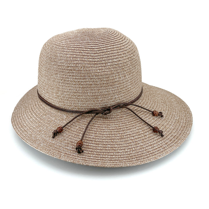 Maribel Cloche Hat in Sandstone colour, rear view highlighting crown shape and brim