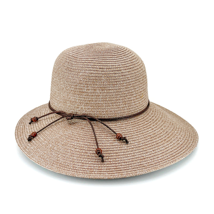 Maribel Cloche Hat in Sandstone colour, side profile showing wide brim and silhouette