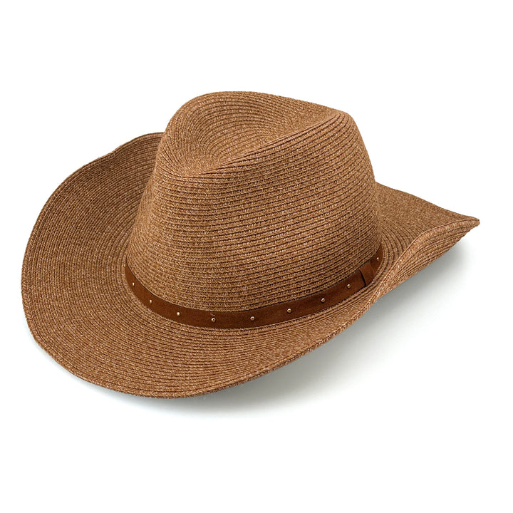 Jace Cowboy Hat in Cinnamon colour, angled product view showing structured crown, trim details and wide brim