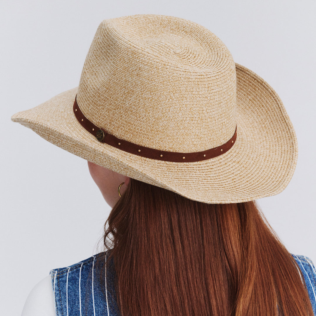 Female model wearing Jace Cowboy Hat in Natural colour, back view showing crown shape