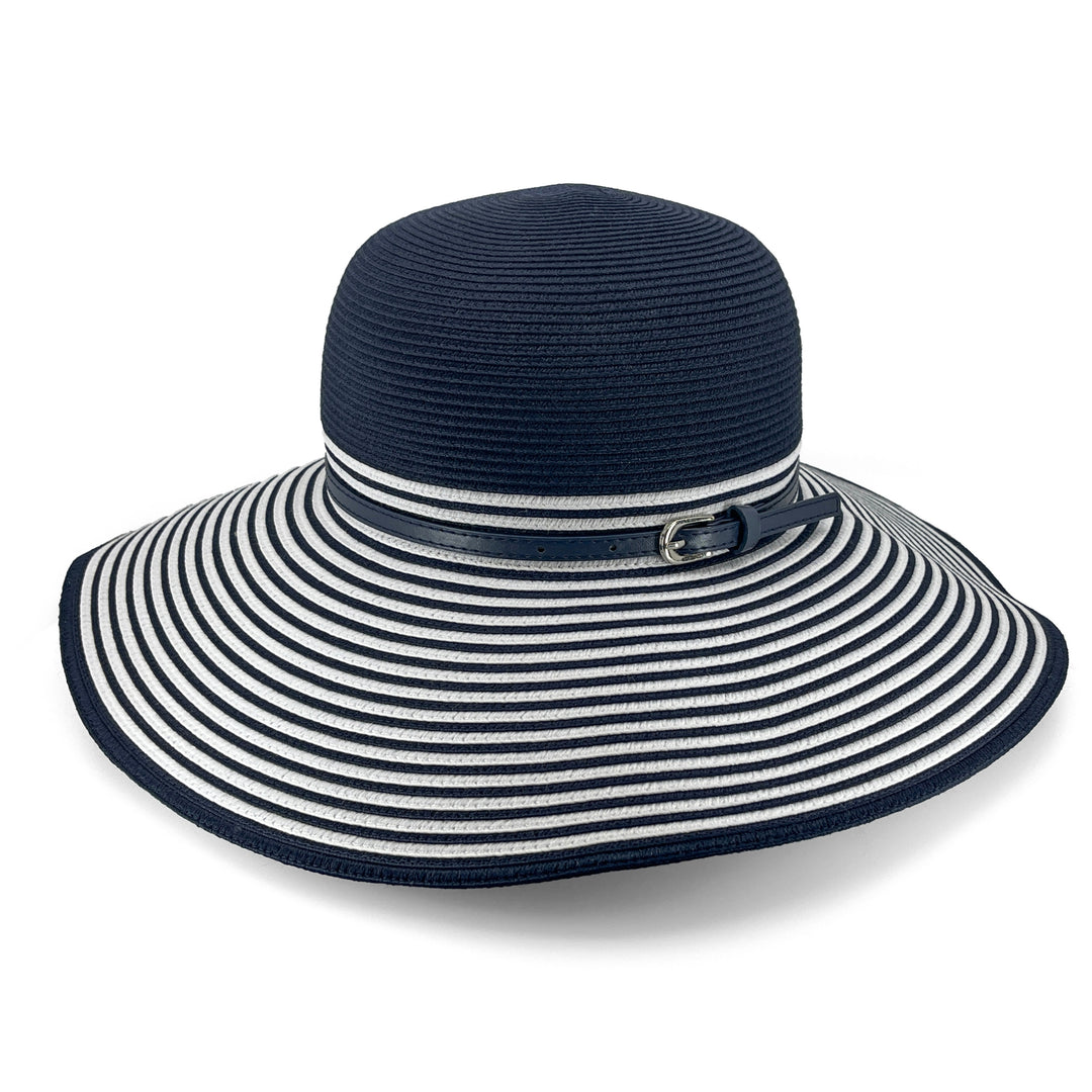 Amy Striped Capeline Hat in Navy/White colour, angled product view showing structured crown and wide brim