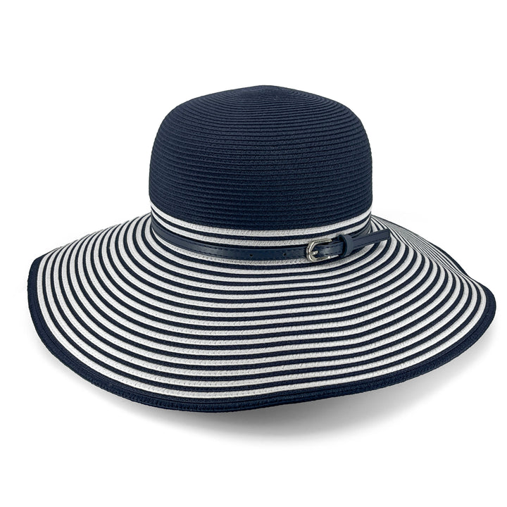 Amy Striped Capeline Hat in Navy/White colour, angled product view showing structured crown and wide brim