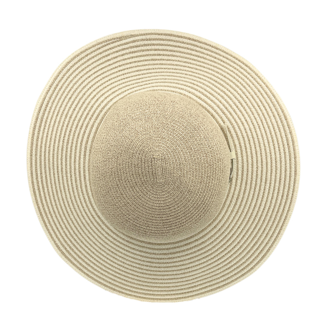 Amy Striped Capeline Hat in camel and ivory mix, top view displaying crown shape and woven striped texture