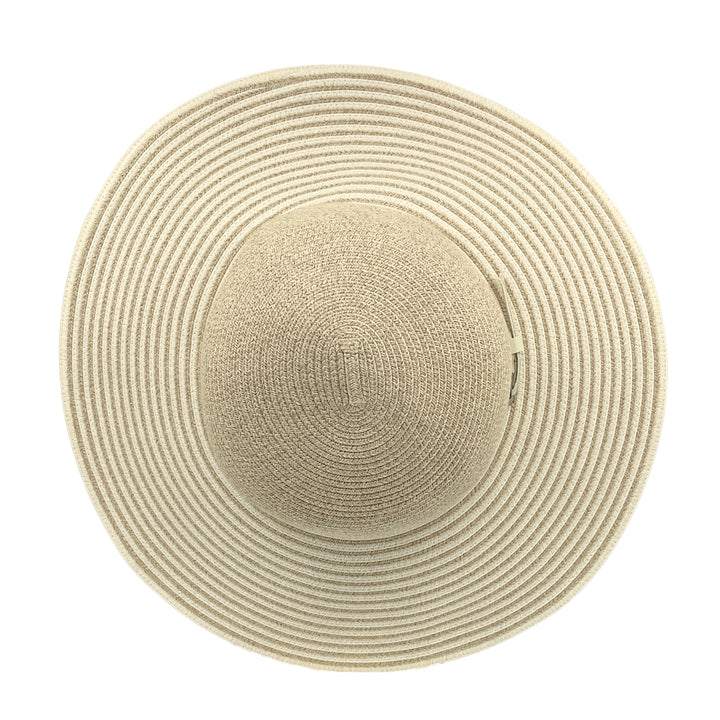 Amy Striped Capeline Hat in camel and ivory mix, top view displaying crown shape and woven striped texture