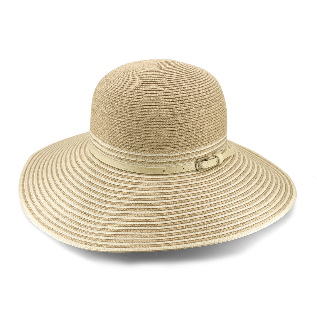 Amy Striped Capeline Hat in camel and ivory mix, angled product view showing rounded crown and wide brim
