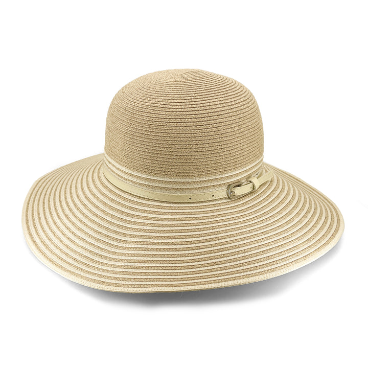 Amy Striped Capeline Hat in camel and ivory mix, angled product view showing rounded crown and wide brim
