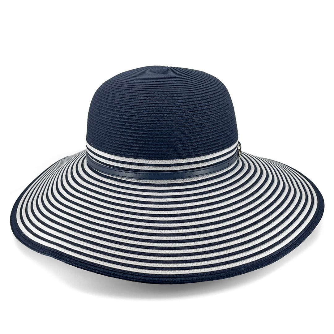 Amy Striped Capeline Hat in Navy/White colour, front view highlighting crown shape and brim