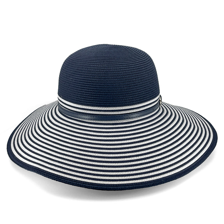 Amy Striped Capeline Hat in Navy/White colour, front view highlighting crown shape and brim