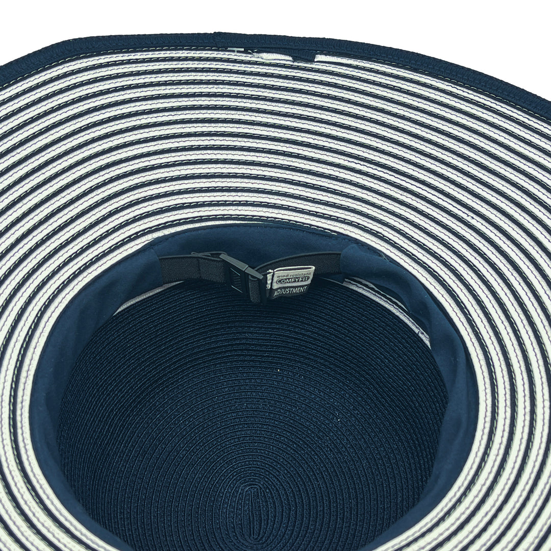 Amy Striped Capeline Hat in Navy/White colour, underside of brim showing interior finish, stitching detail, and built-in size adjuster
