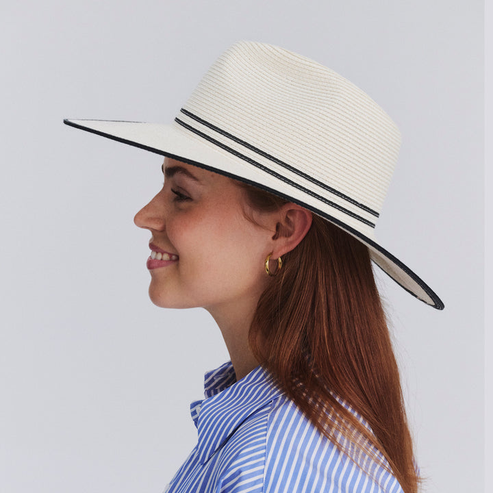 Female model wearing Liza Wide Brim Fedora Hat in Ivory/Black colour, side profile showing brim coverage