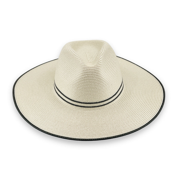 Liza Wide Brim Fedora Hat in Ivory/Black colour, front view highlighting crown shape and brim