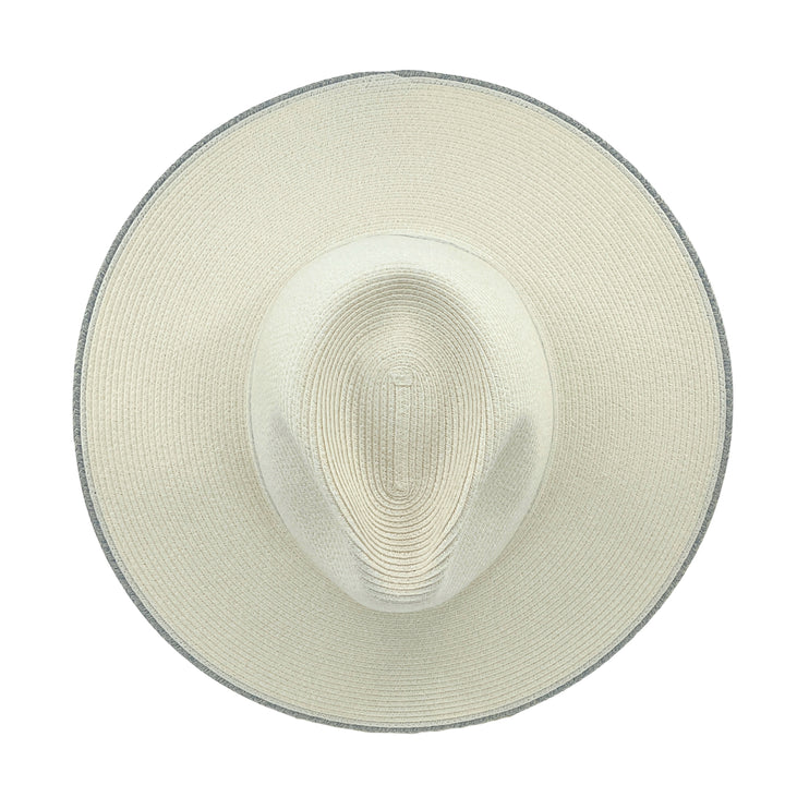 Liza Wide Brim Fedora Hat in Ivory/Light Blue colour, top view displaying crown structure and texture