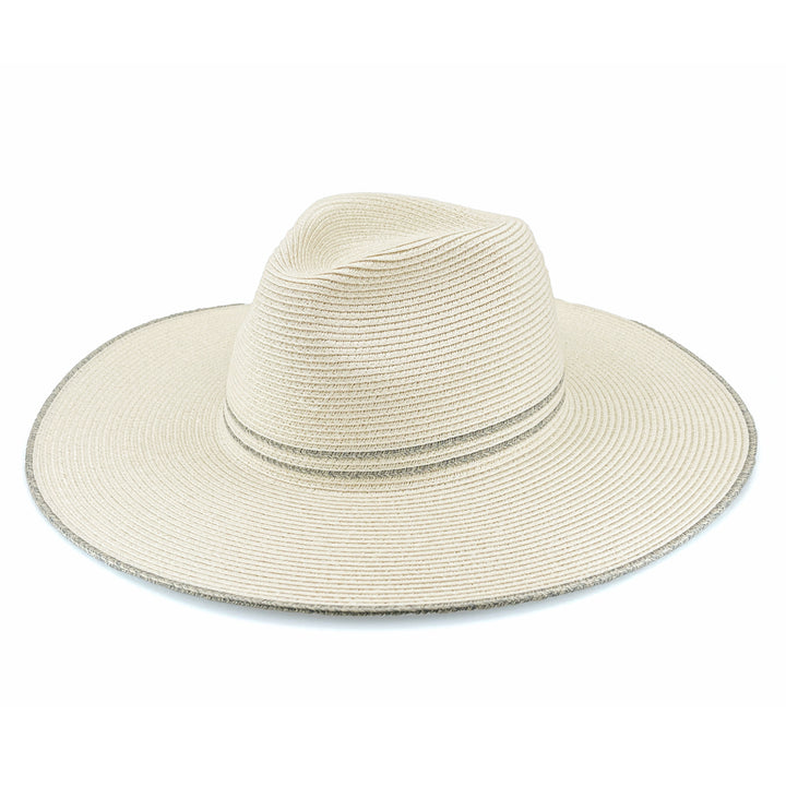 Liza Wide Brim Fedora Hat in Ivory/Light Blue colour, angled product view showing structured crown and wide brim