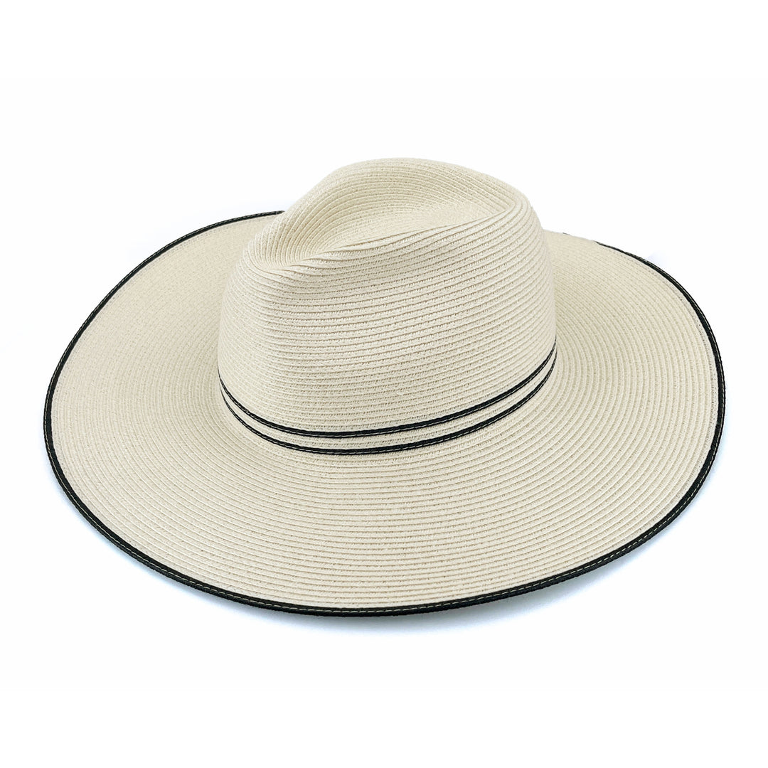 Liza Wide Brim Fedora Hat in Ivory/Black colour, angled product view showing structured crown and wide brim
