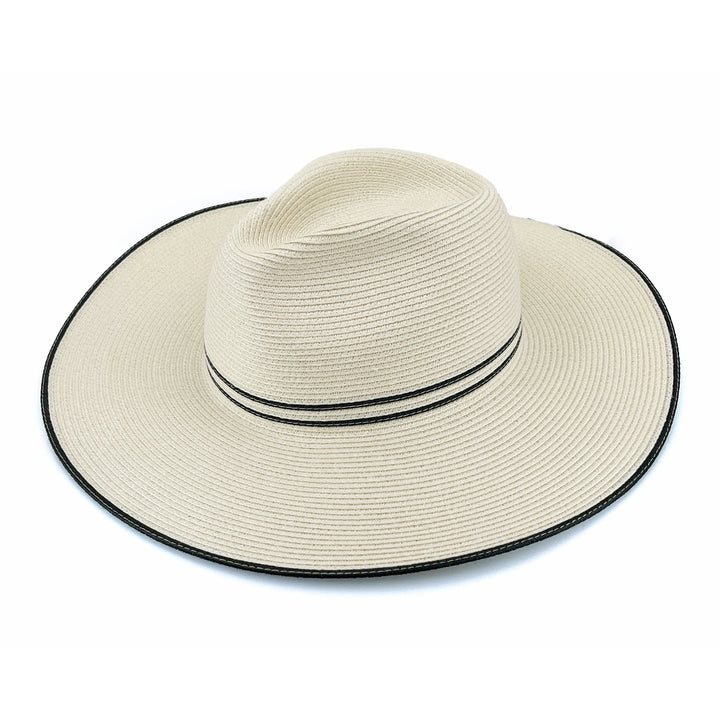 Liza Wide Brim Fedora Hat in Ivory/Black colour, angled product view showing structured crown and wide brim
