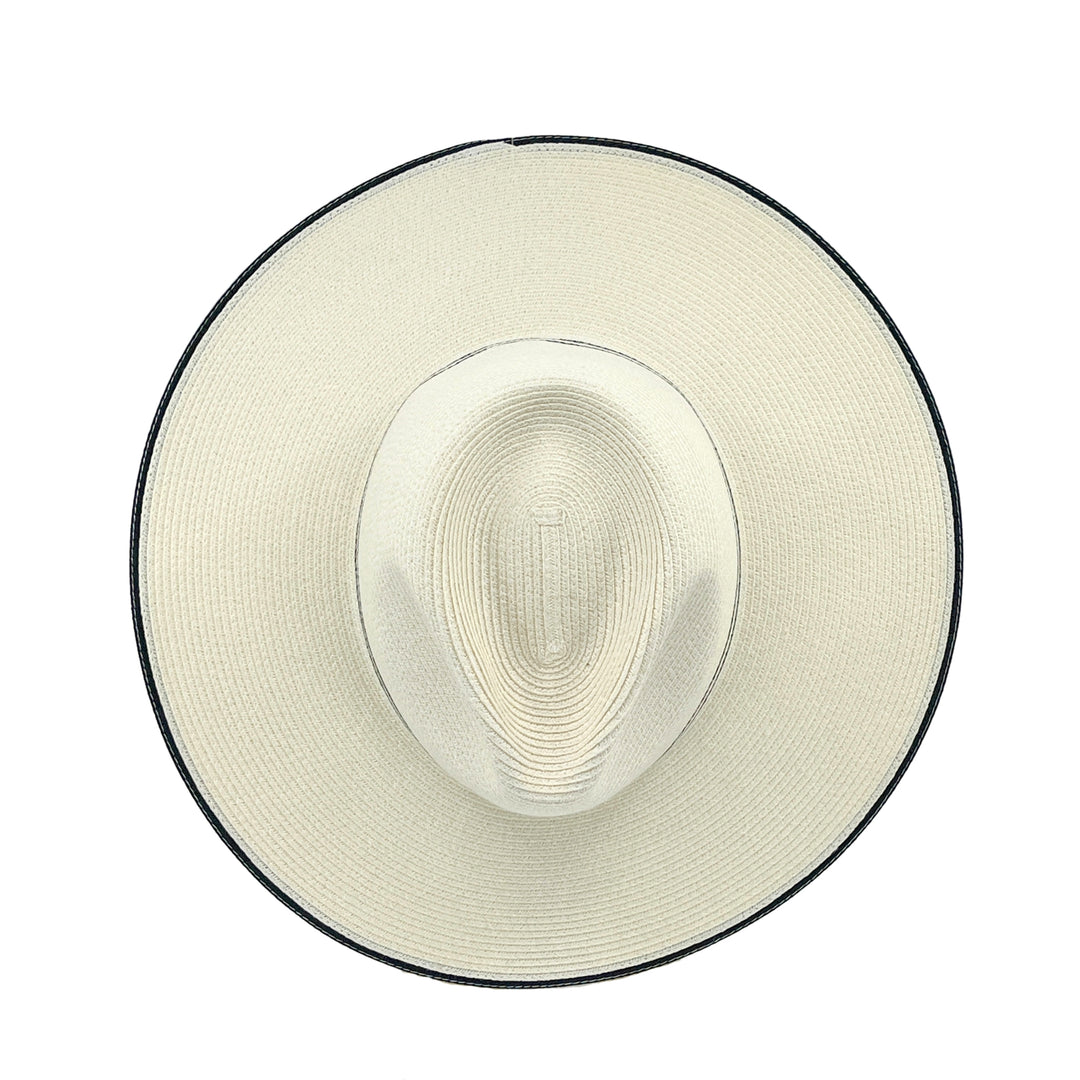 Liza Wide Brim Fedora Hat in Ivory/Black colour, top view displaying crown structure and texture