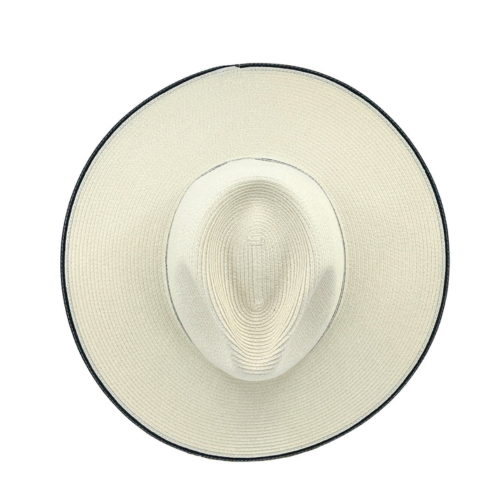 Liza Wide Brim Fedora Hat in Ivory/Black colour, top view displaying crown structure and texture