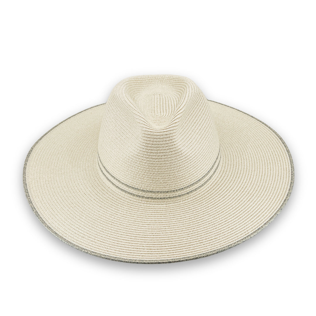 Liza Wide Brim Fedora Hat in Ivory/Light Blue colour, front view highlighting crown shape and brim