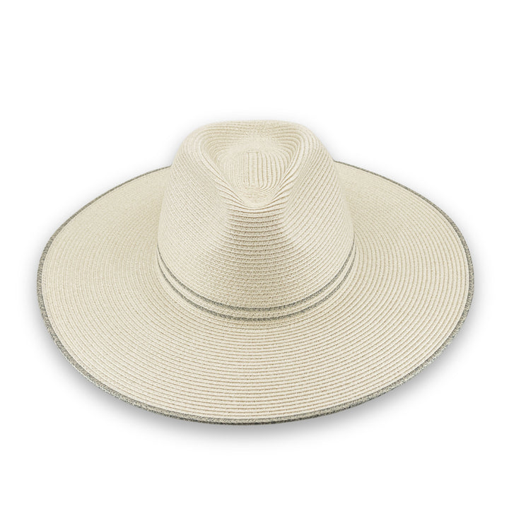 Liza Wide Brim Fedora Hat in Ivory/Light Blue colour, front view highlighting crown shape and brim