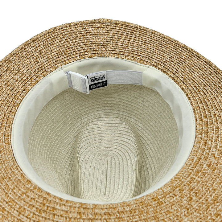 Sasha Fedora Hat in Ivory/Natural colour, underside of brim showing interior finish, stitching detail, and built-in size adjuster