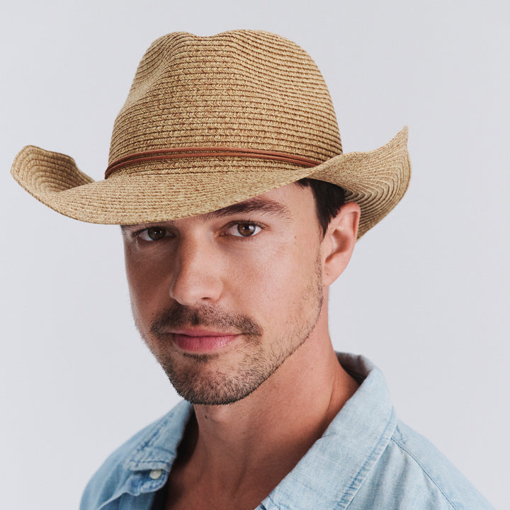 Male model wearing Kasey Cowboy Hat in Camel colour, front view showcasing fit and wide brim