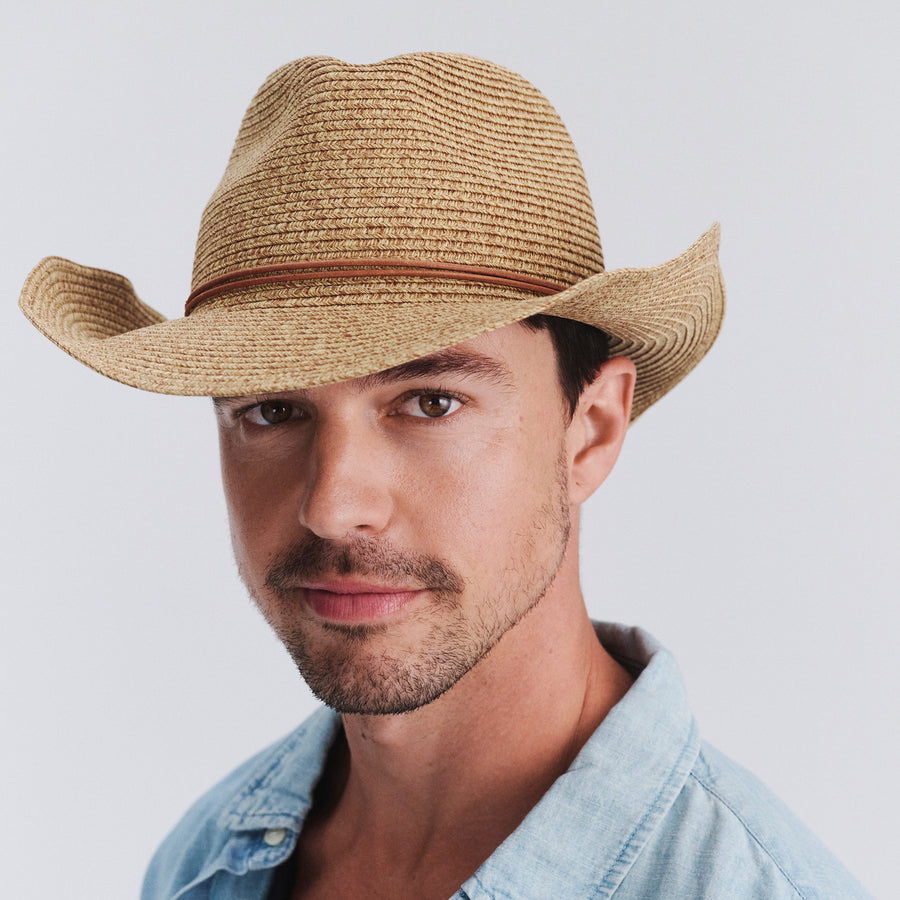 Male model wearing Kasey Cowboy Hat in Camel colour, front view showcasing fit and wide brim