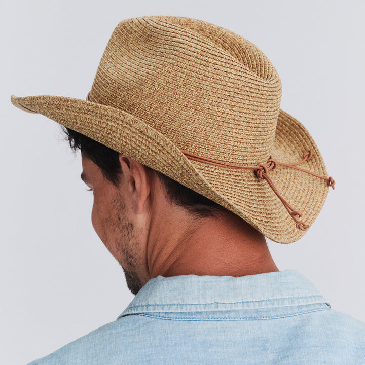 Male model wearing Kasey Cowboy Hat in Camel colour, back view showing crown shape