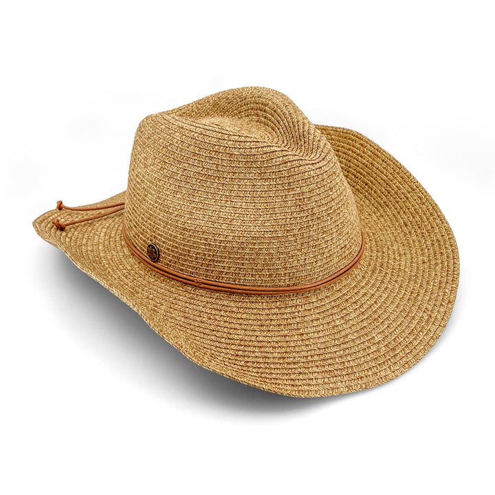 Kasey Cowboy Hat in Camel colour, angled product view showing structured crown and wide brim