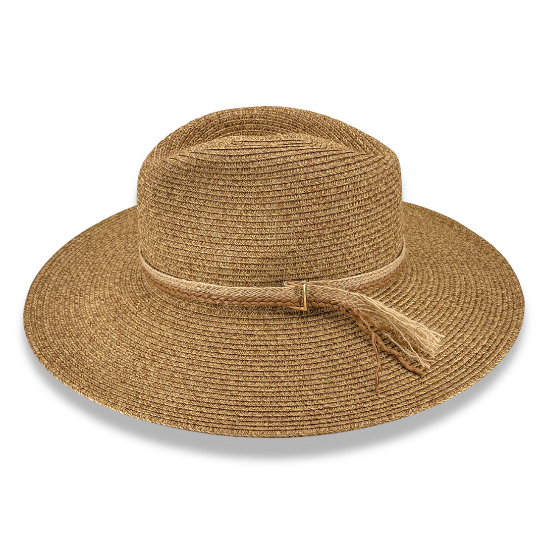Roxy Wide Brim Fedora Hat in Camel colour, side product view showing trim details