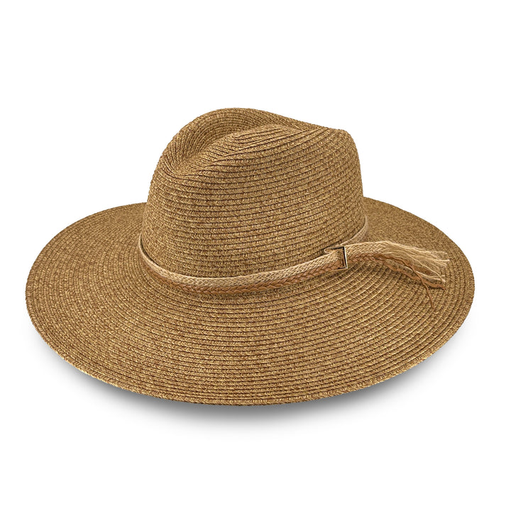 Roxy Wide Brim Fedora Hat in Camel colour, angled product view showing structured crown and wide brim