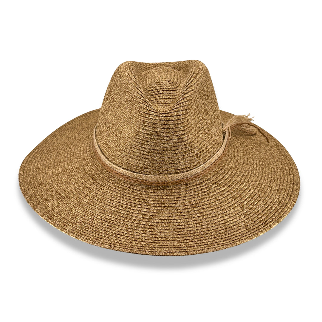Roxy Wide Brim Fedora Hat in Camel colour, front product view showing structured crown and wide brim