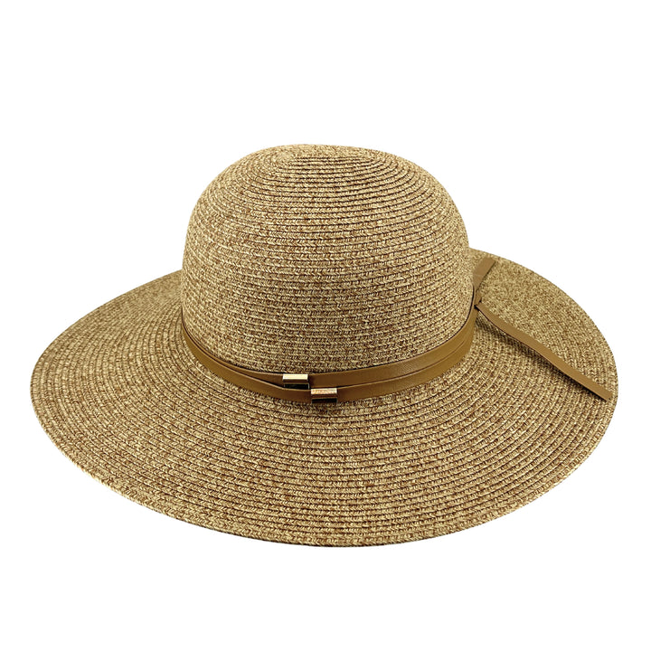 Gena Capeline Hat in camel colour, side profile highlighting wide brim coverage, elegant silhouette, and vegan leather trim accented with gold details