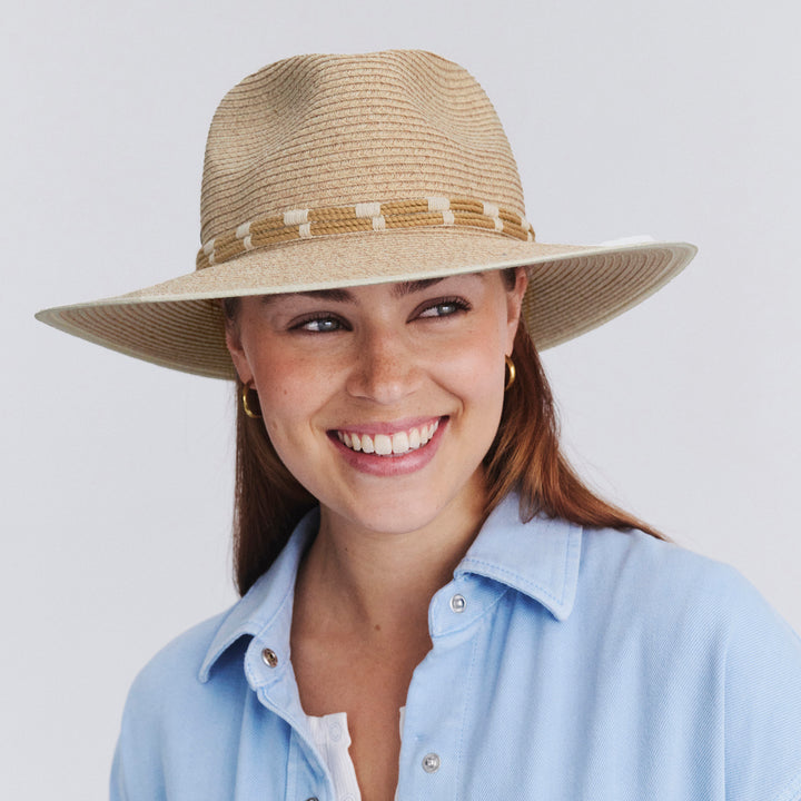 Female model wearing Tessa Fedora Hat in mixed camel colour, front view showcasing structured crown and wide brim