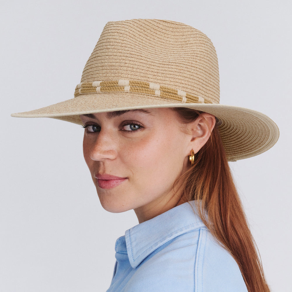 Female model wearing Tessa Fedora Hat in mixed camel colour, three-quarter angle highlighting shape and silhouette