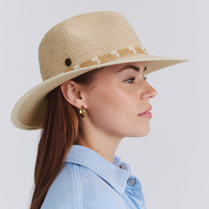 Female model wearing Tessa Fedora Hat in mixed camel colour, side profile showing wide brim and coverage