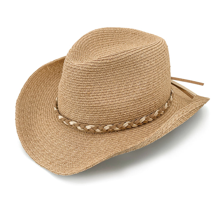 Jesse Raffia Cowboy Hat in natural colour, angled product view showing cowboy crown shape and wide brim