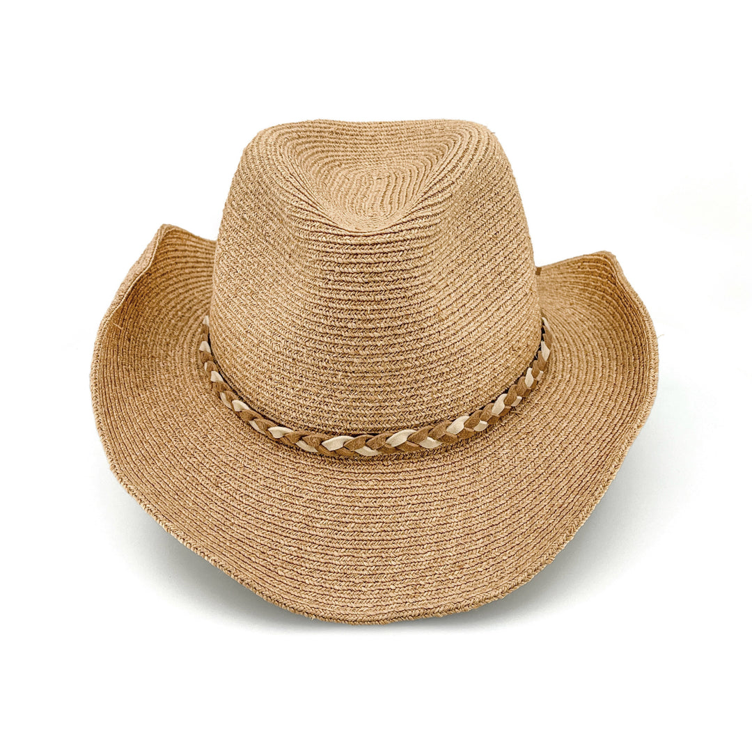 Jesse Raffia Cowboy Hat in natural colour, front view highlighting classic cowboy styling and sun-protective wide brim