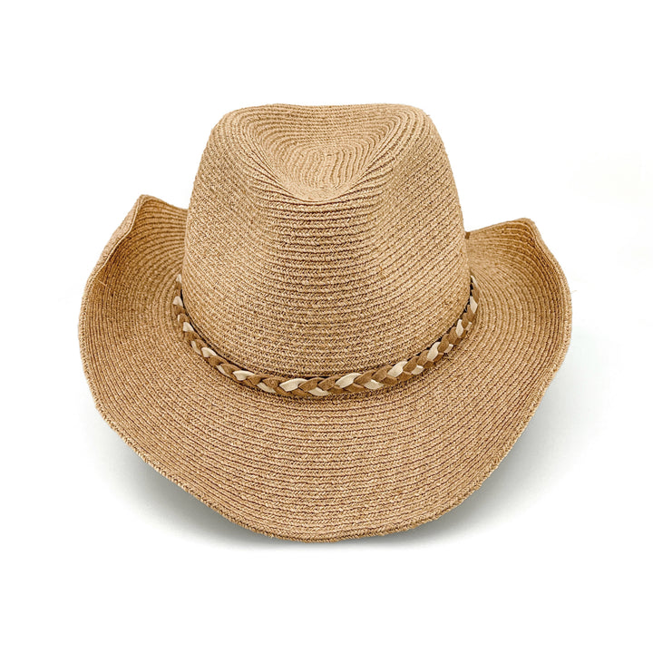 Jesse Raffia Cowboy Hat in natural colour, front view highlighting classic cowboy styling and sun-protective wide brim