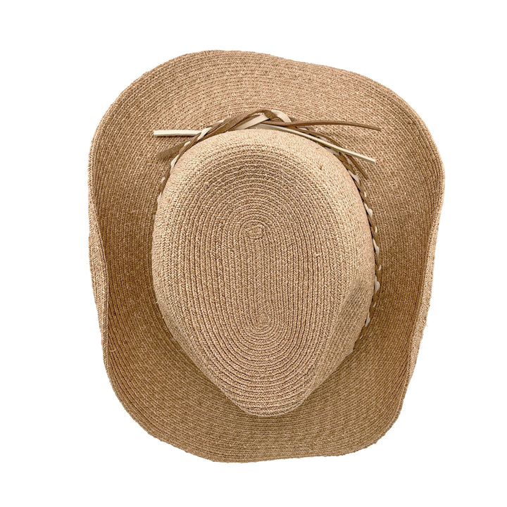 Jesse Raffia Cowboy Hat in natural colour, top view displaying crown shape and woven raffia texture