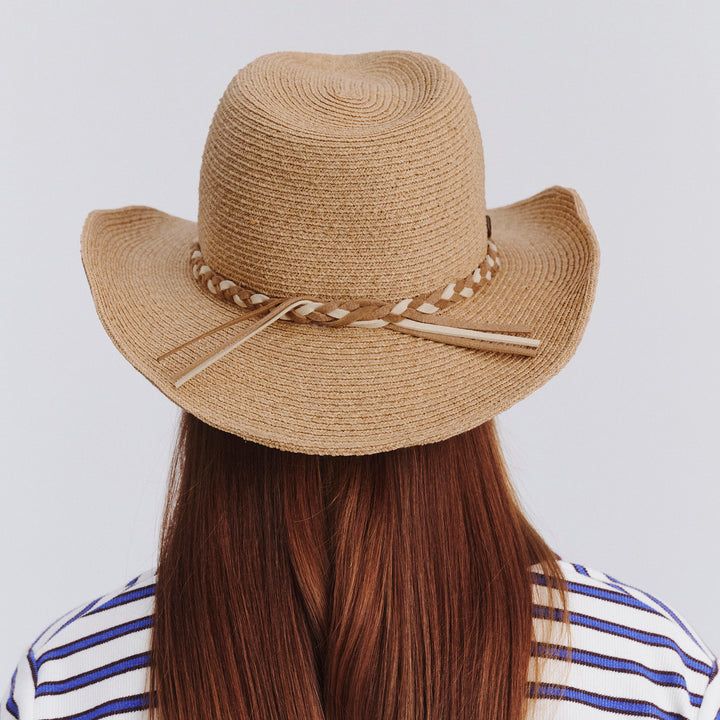 Female model wearing Jesse Raffia Cowboy Hat in natural colour, back view showing crown shape and fit