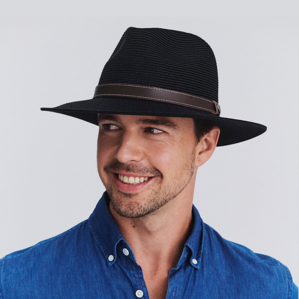 Male model wearing Morgan Fedora Hat in black colour, front view showcasing classic fedora styling