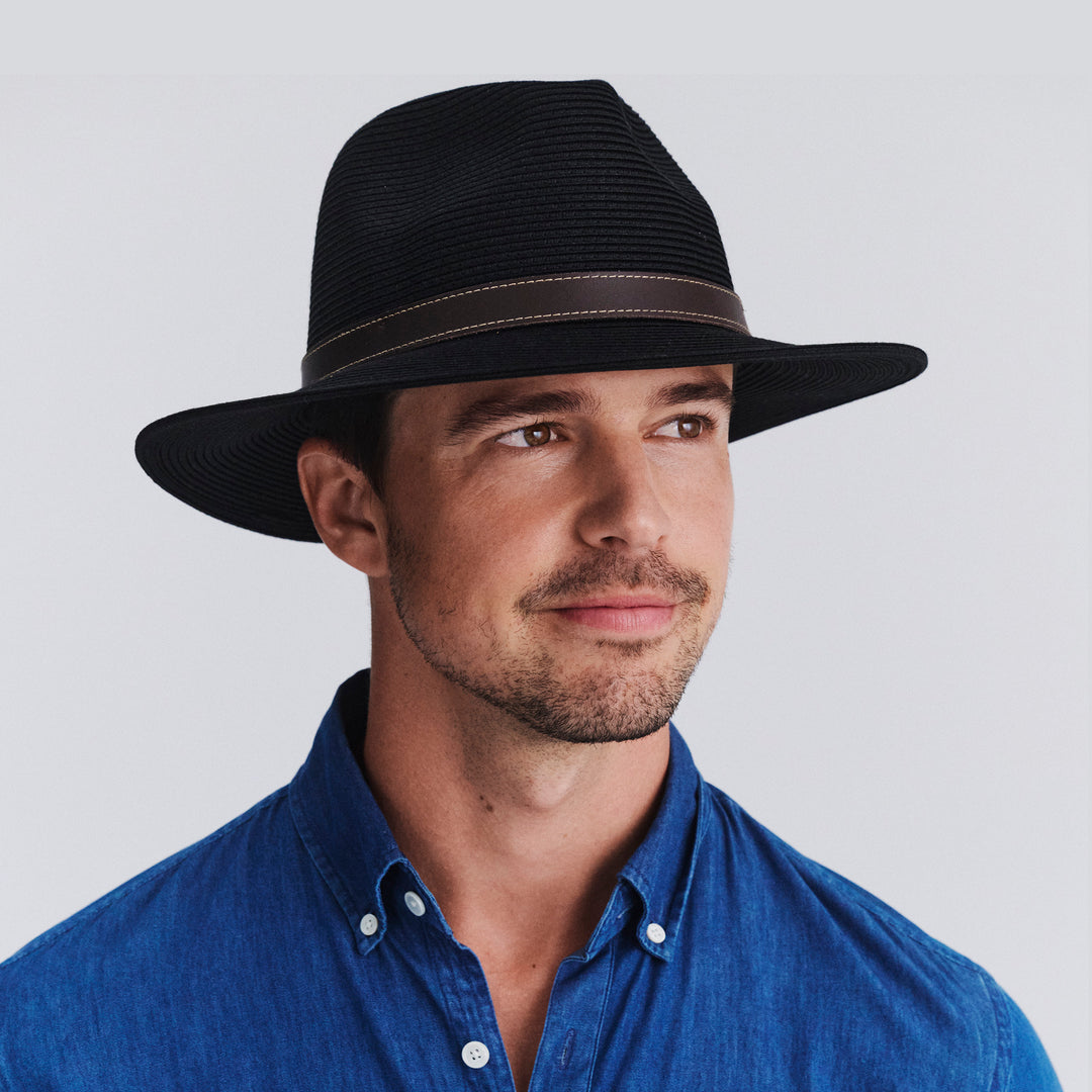 Male model wearing Morgan Fedora Hat in black colour, three-quarter angle highlighting shape and fit