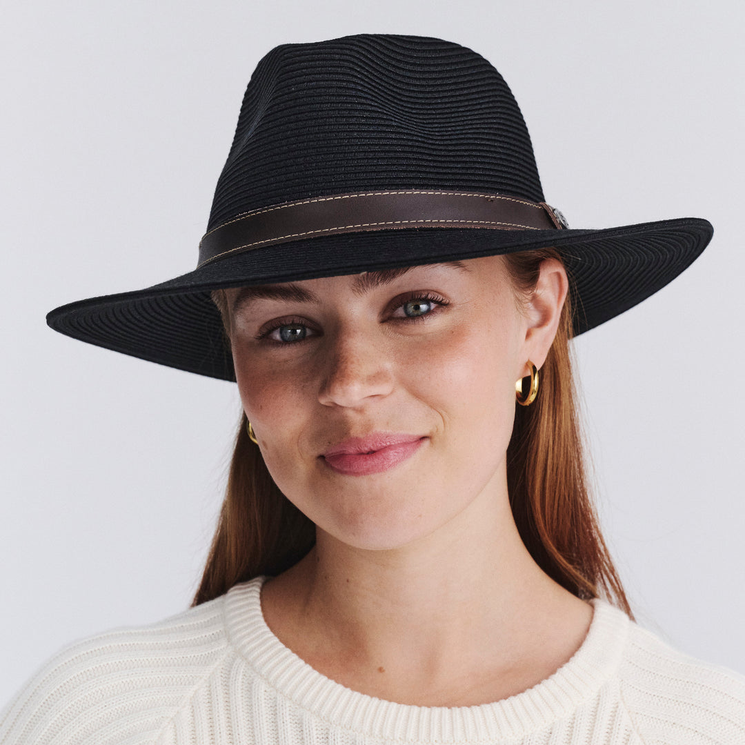 Female model wearing Morgan Fedora Hat in black colour, front view