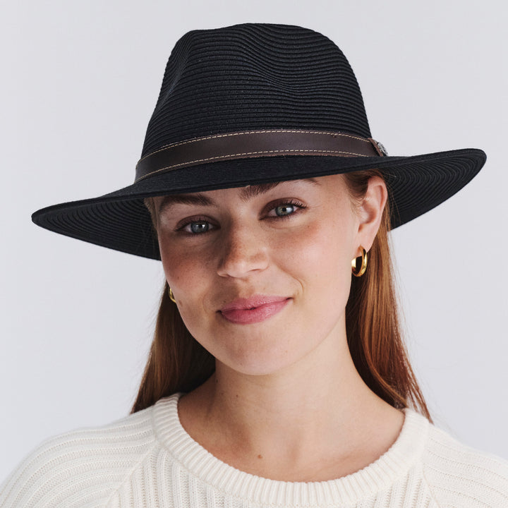 Female model wearing Morgan Fedora Hat in black colour, front view