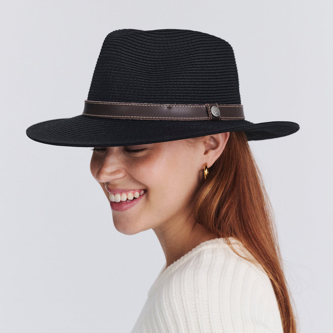 Female model wearing Morgan Fedora Hat in black colour, angled view highlighting crown and brim