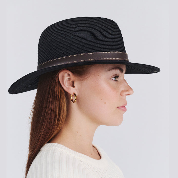 Female model wearing Morgan Fedora Hat in black colour, side profile showing silhouette and structure