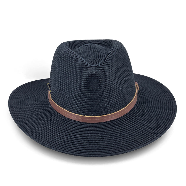 Morgan Fedora Hat in black colour, front view highlighting defined crown and wide brim