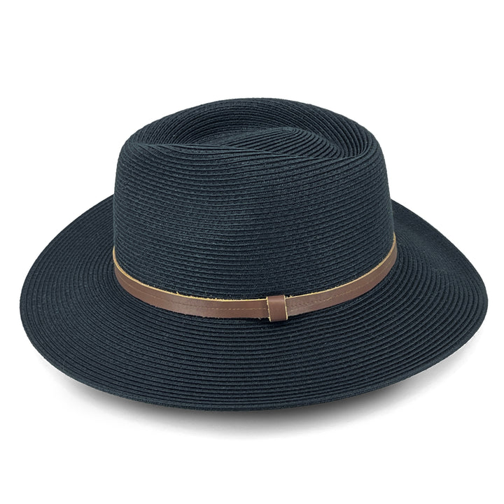 Morgan Fedora Hat in black colour, side profile showing clean lines and brim shape