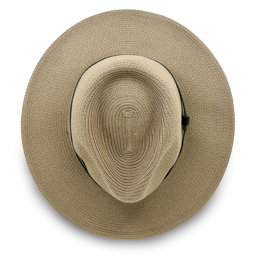 Morgan Fedora Hat in light khaki colour, top view displaying crown structure and texture