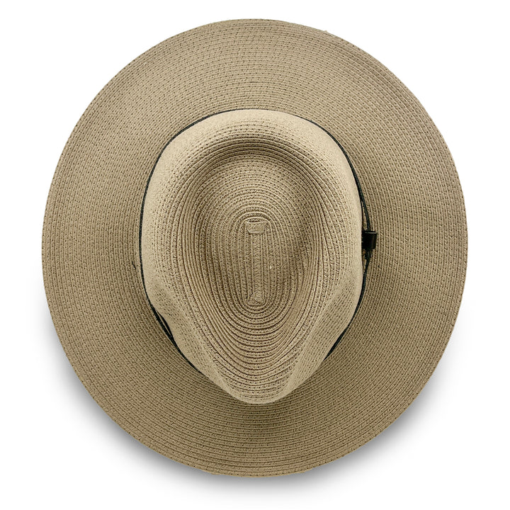 Morgan Fedora Hat in light khaki colour, top view displaying crown structure and texture